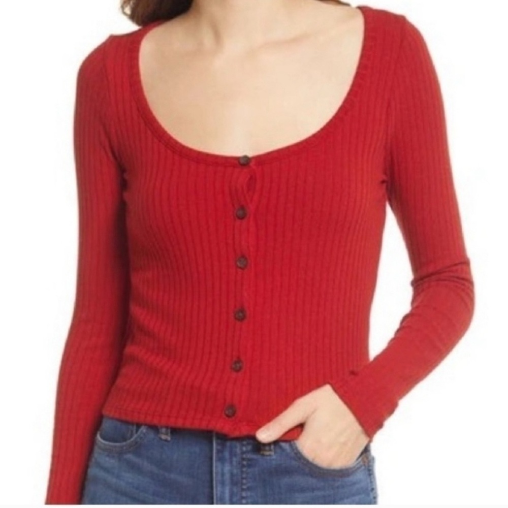 Madewell Ribbed Cropped Scoop Neck Button Long Sleeve Tee XS